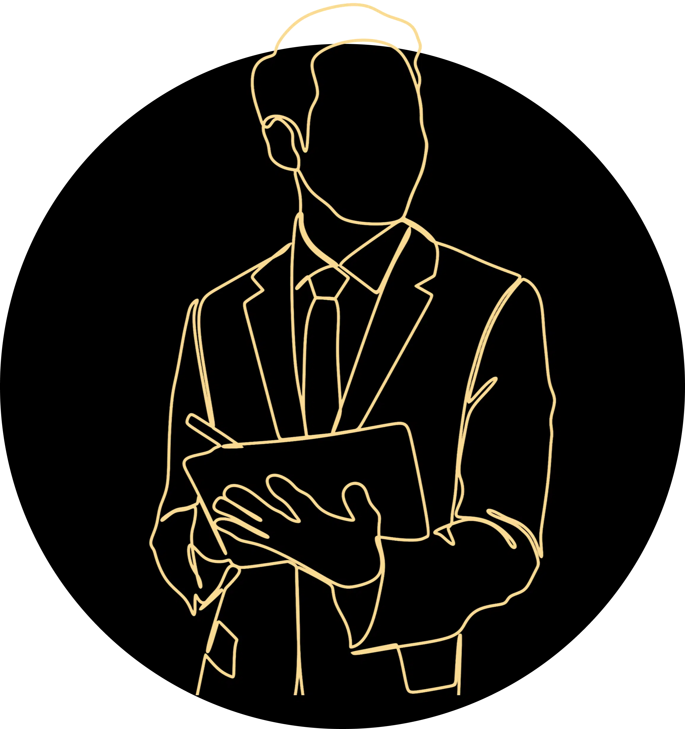 A minimalist gold line-art illustration on a black circular background shows a man in a suit and tie holding a tablet or folder, his posture suggesting professionalism and readiness — conveying business focus, organization, or digital workflow in a clean, modern graphic style.