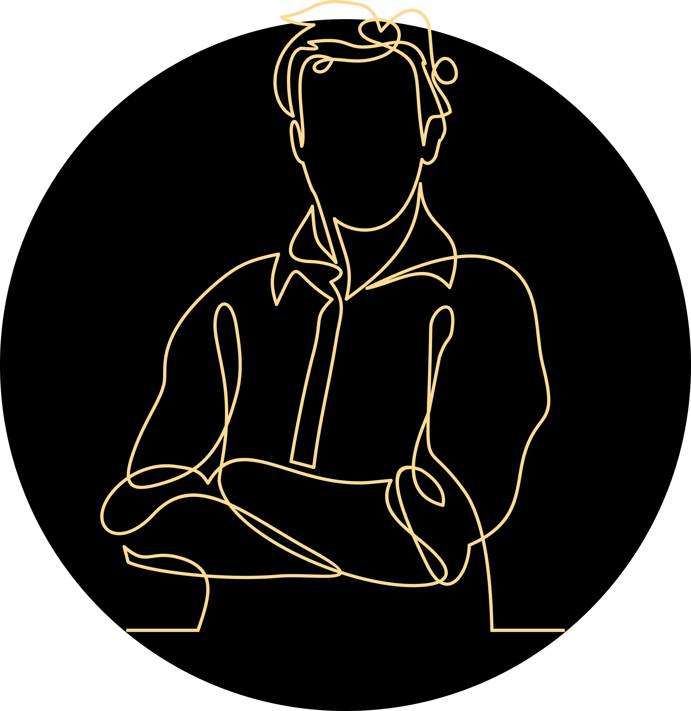A minimalist gold line-art illustration on a black circular background depicts a person with styled hair, wearing a collared shirt and sitting cross-legged — evoking calm focus, meditation, or thoughtful reflection in a sleek, modern graphic style.