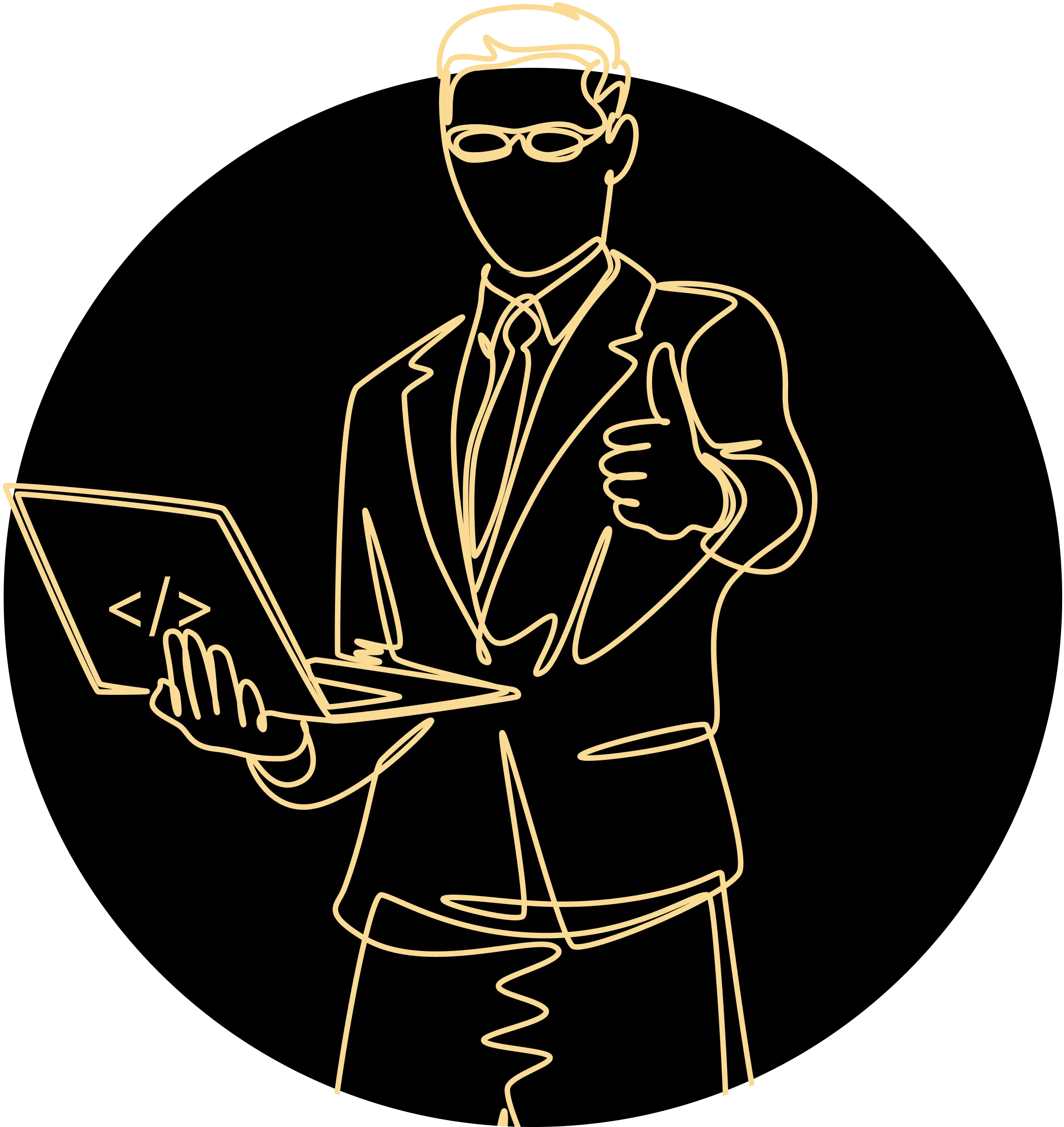 A minimalist gold line-art illustration on a black circular background depicts a man in a suit and tie holding a laptop displaying code symbols, giving a thumbs-up — symbolizing tech expertise, approval, or successful digital work in a sleek modern graphic style.