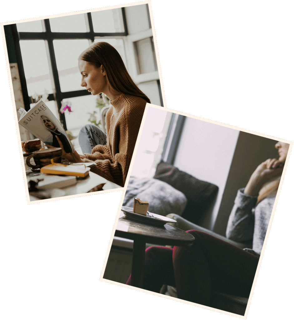 Woman seated at a table reading a magazine, soft indoor light capturing a slow, reflective moment