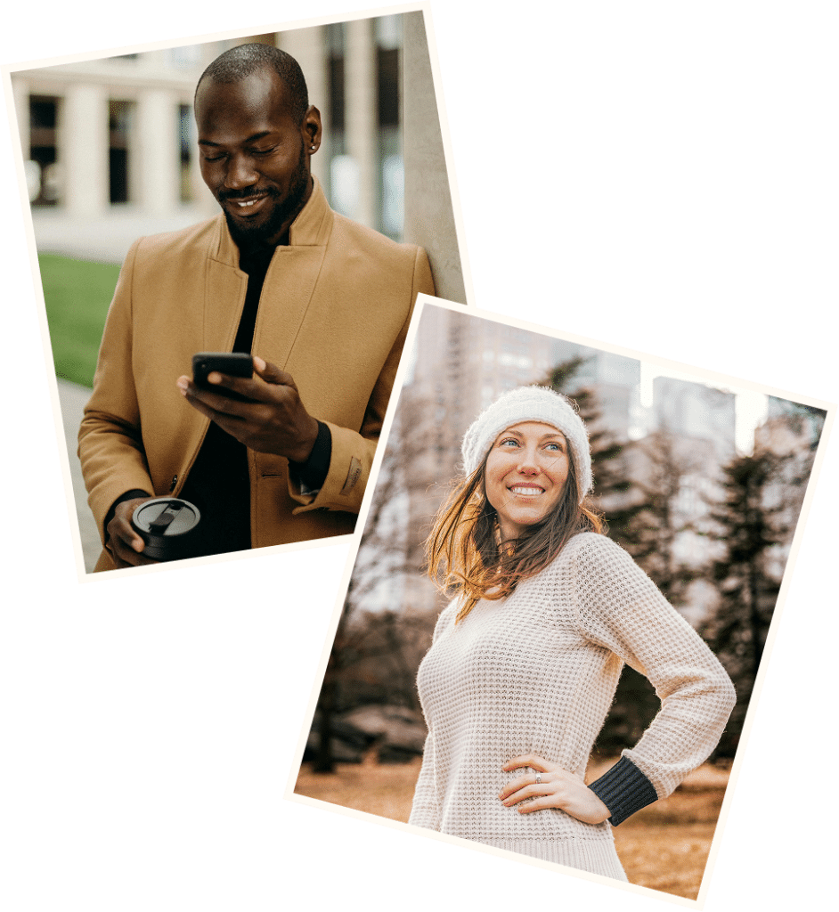 African American man holding a coffee and phone, smiling as he checks his screen outdoorsWoman wearing a hat standing in a natural landscape, smiling warmly in sunlight