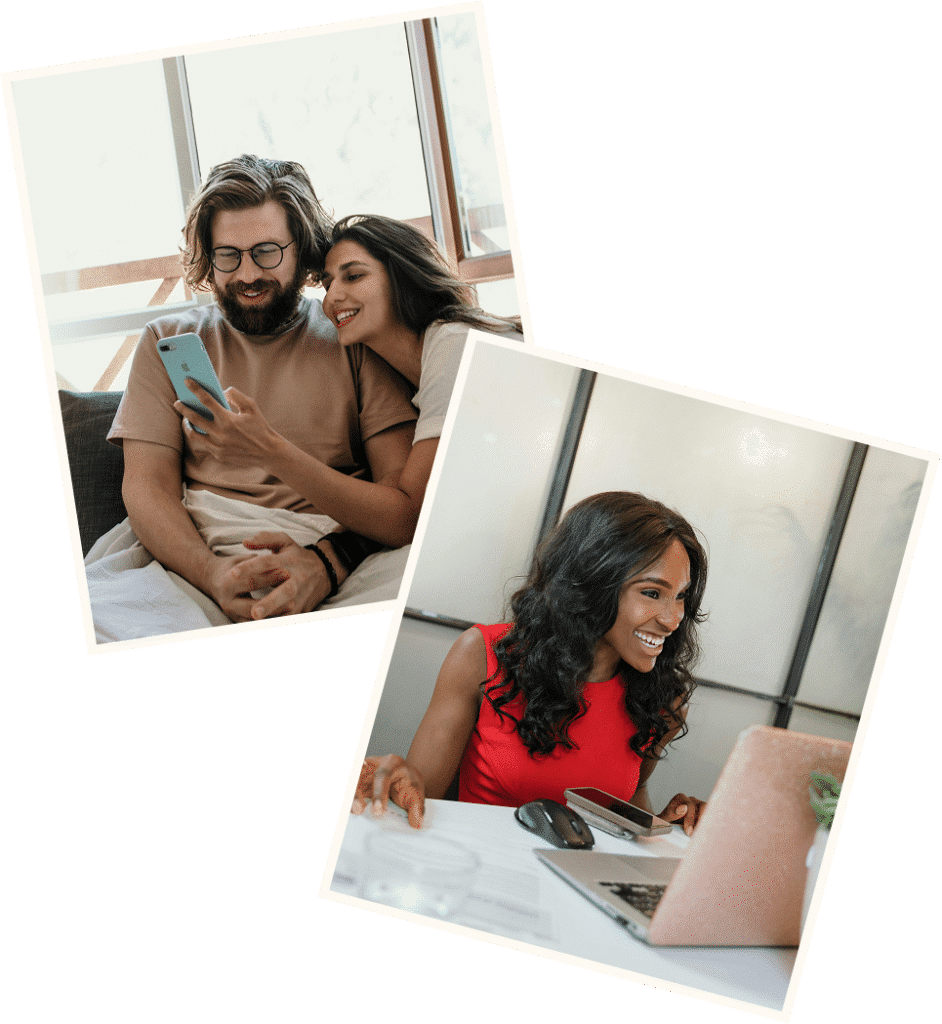A couple smiling together during a video call on a laptop, sharing a relaxed conversation from the comfort of their home African American professional woman smiling at laptop in office workspace, engaged and confident during her workday