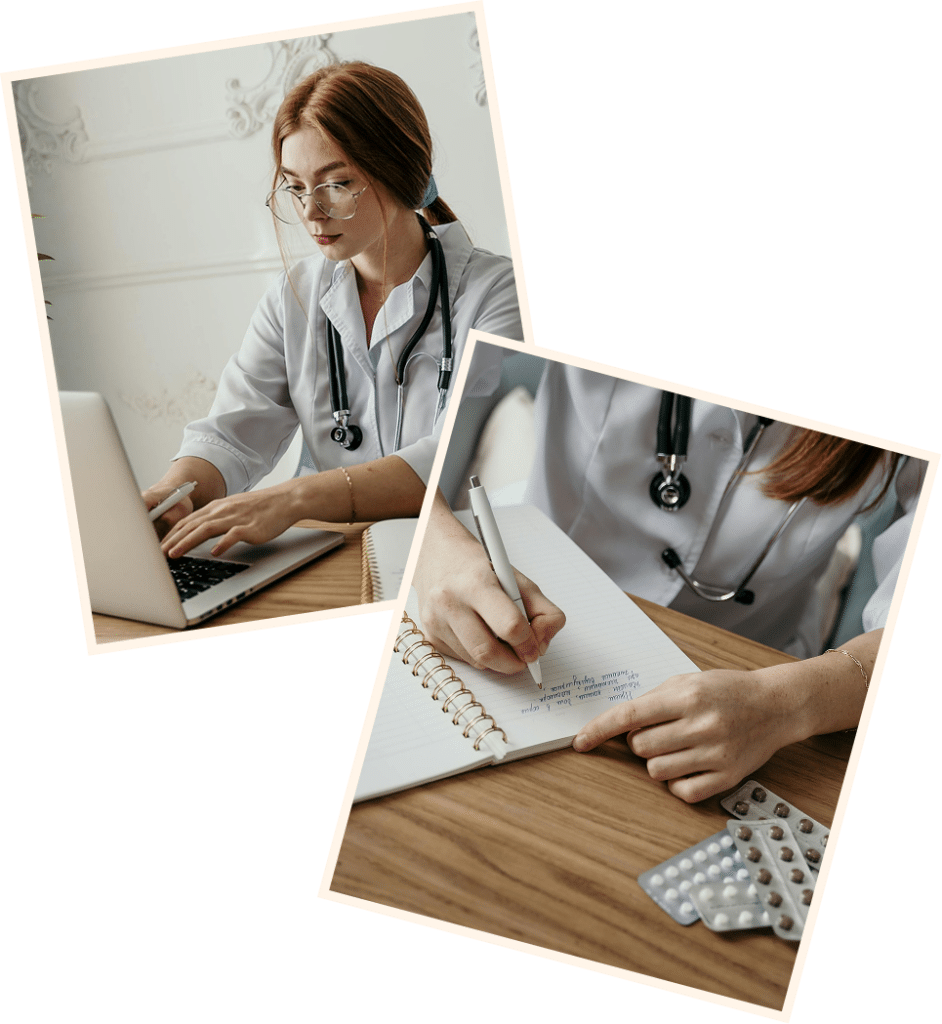 Female doctor with stethoscope working on laptop in clinical setting, reflecting focus, responsibility, and workload