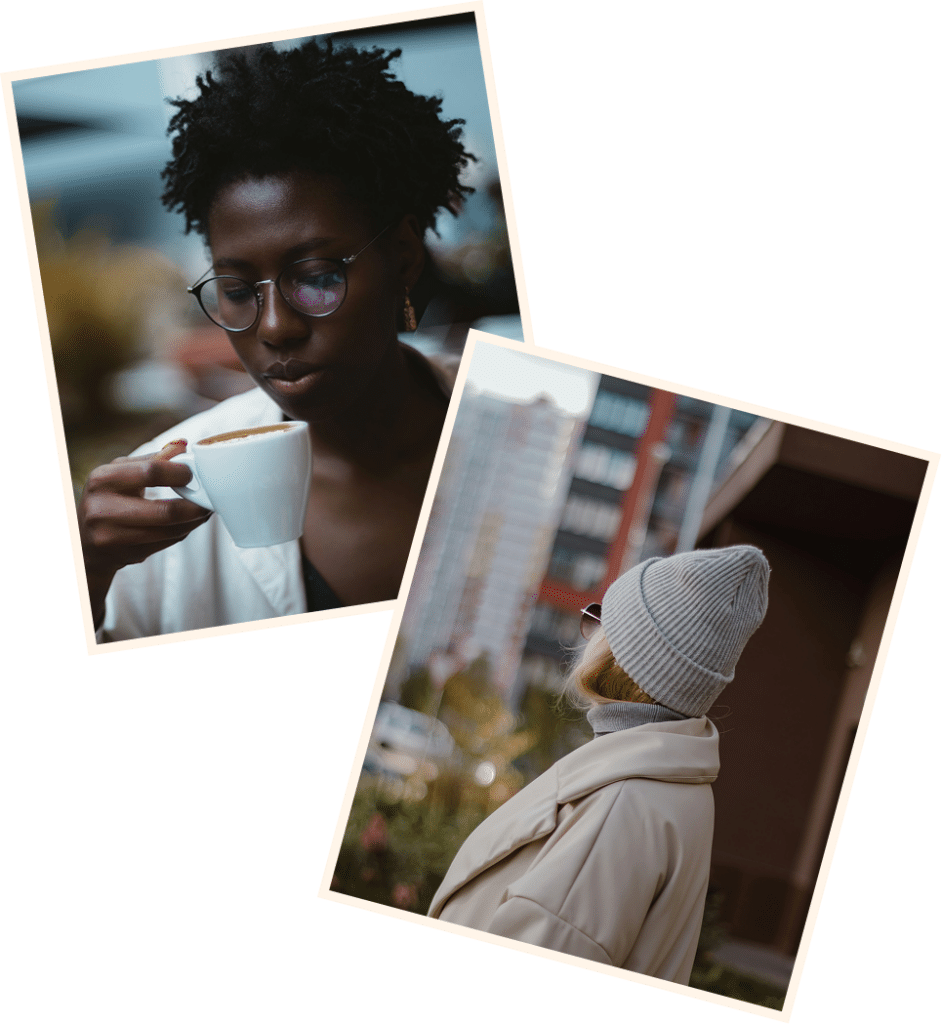 African American woman holding coffee in a calm moment, representing pause, reflection, and emotional grounding