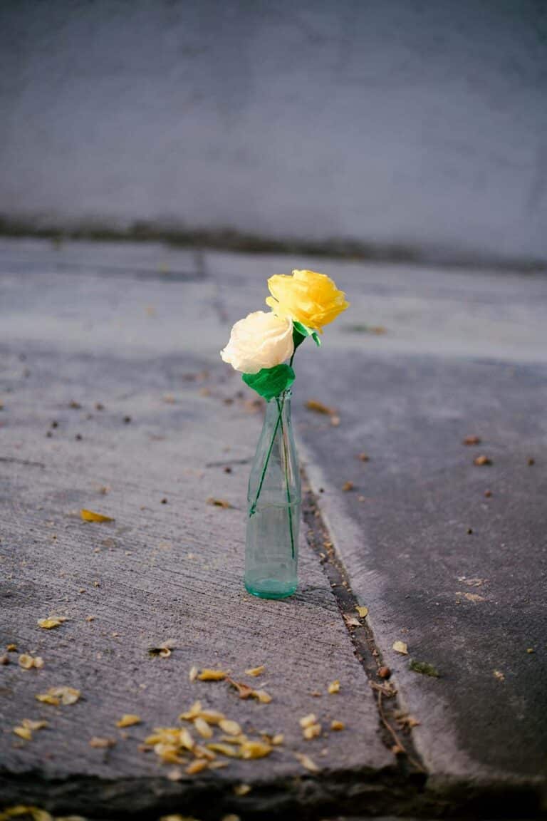 A slender glass bottle sits on a weathered concrete surface, holding two artificial roses