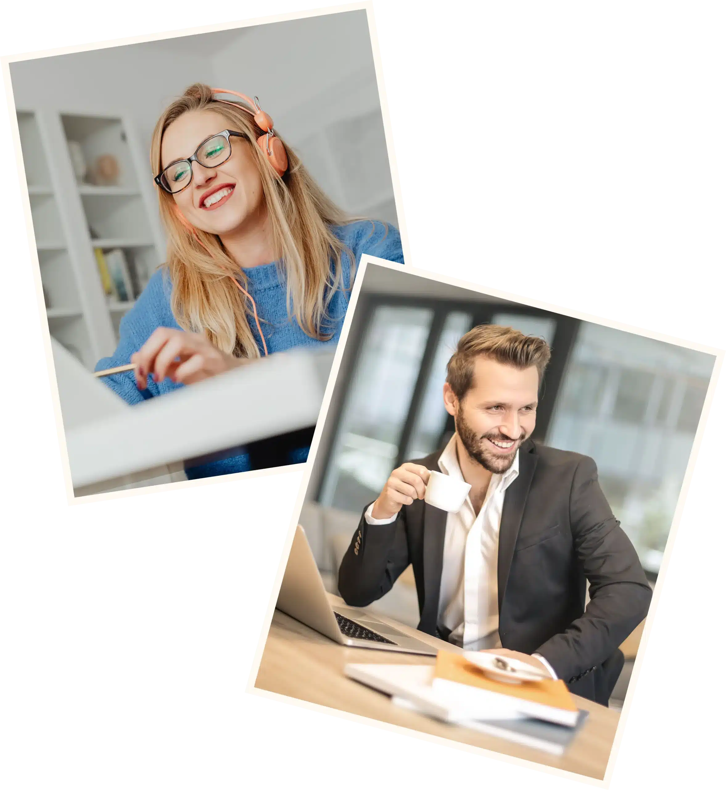 A collage graphic of a woman with headphones and a man in a suit using laptops.