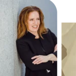 Portrait of a smiling female corporate executive in a black blazer standing outdoors with crossed arms.