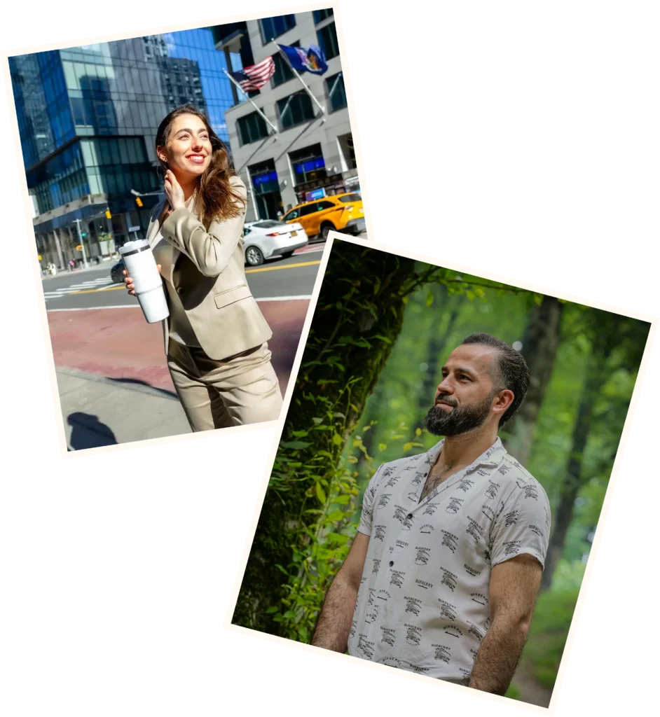 Collage featuring a smiling woman in a beige suit holding a travel tumbler on a city street alongside a bearded man in a patterned short-sleeve shirt standing in a park.