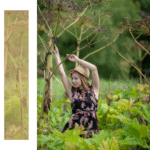 Woman wearing a straw hat and floral print dress standing in a tall green field holding large plant stalks.